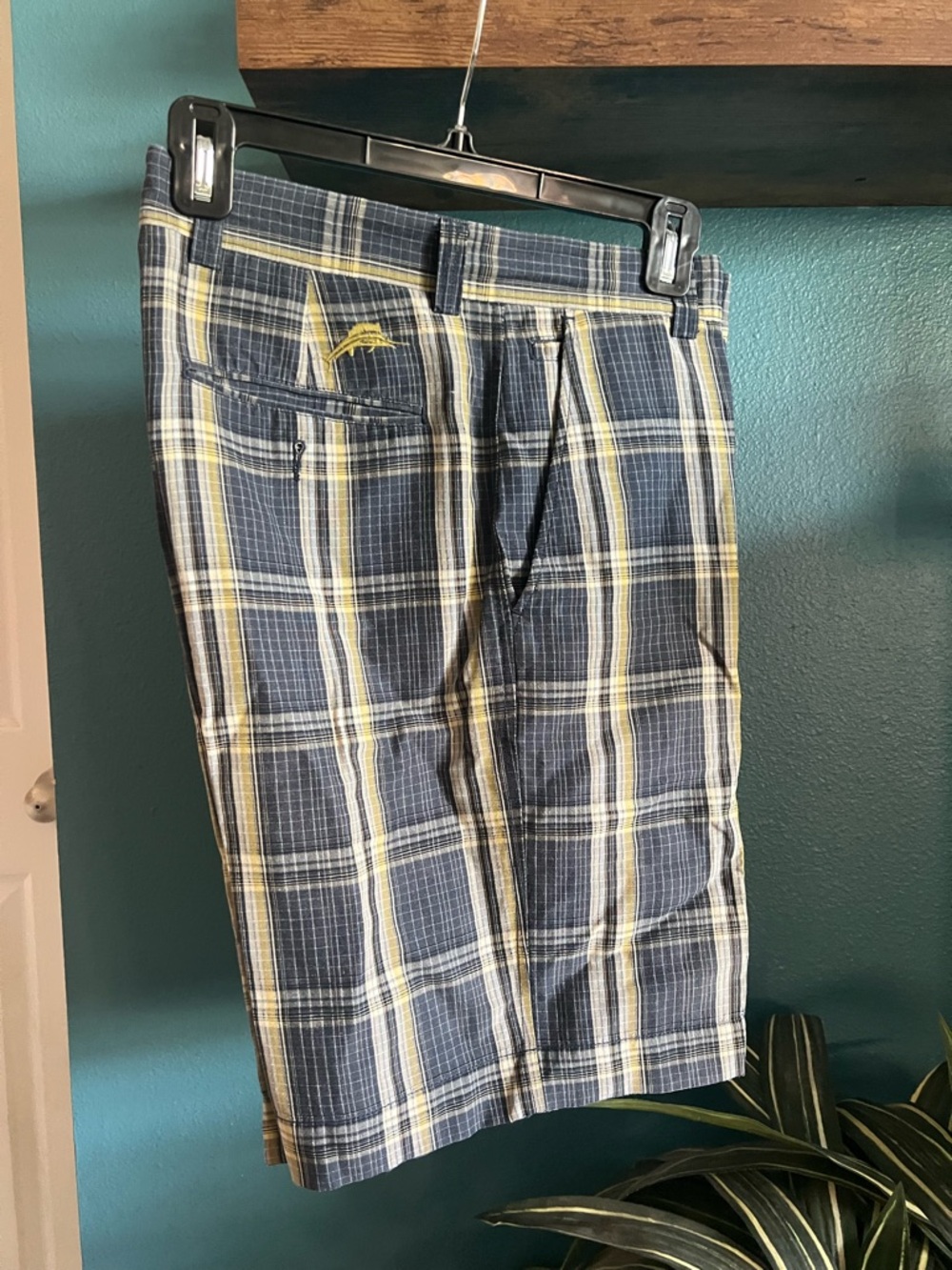 Tommy Bahama Navy & Yellow Plaid Flat Front Shorts